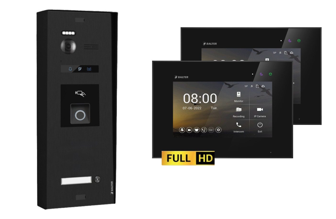 Balter Video-Türsprechanlage BALTER EVO-HD Aufputz Türsprechanlage 1-Familienhaus Schwarz (Set, 1-Familienhaus, Komplettset, Full HD 175° Kamera, Fingerprint, RFID)