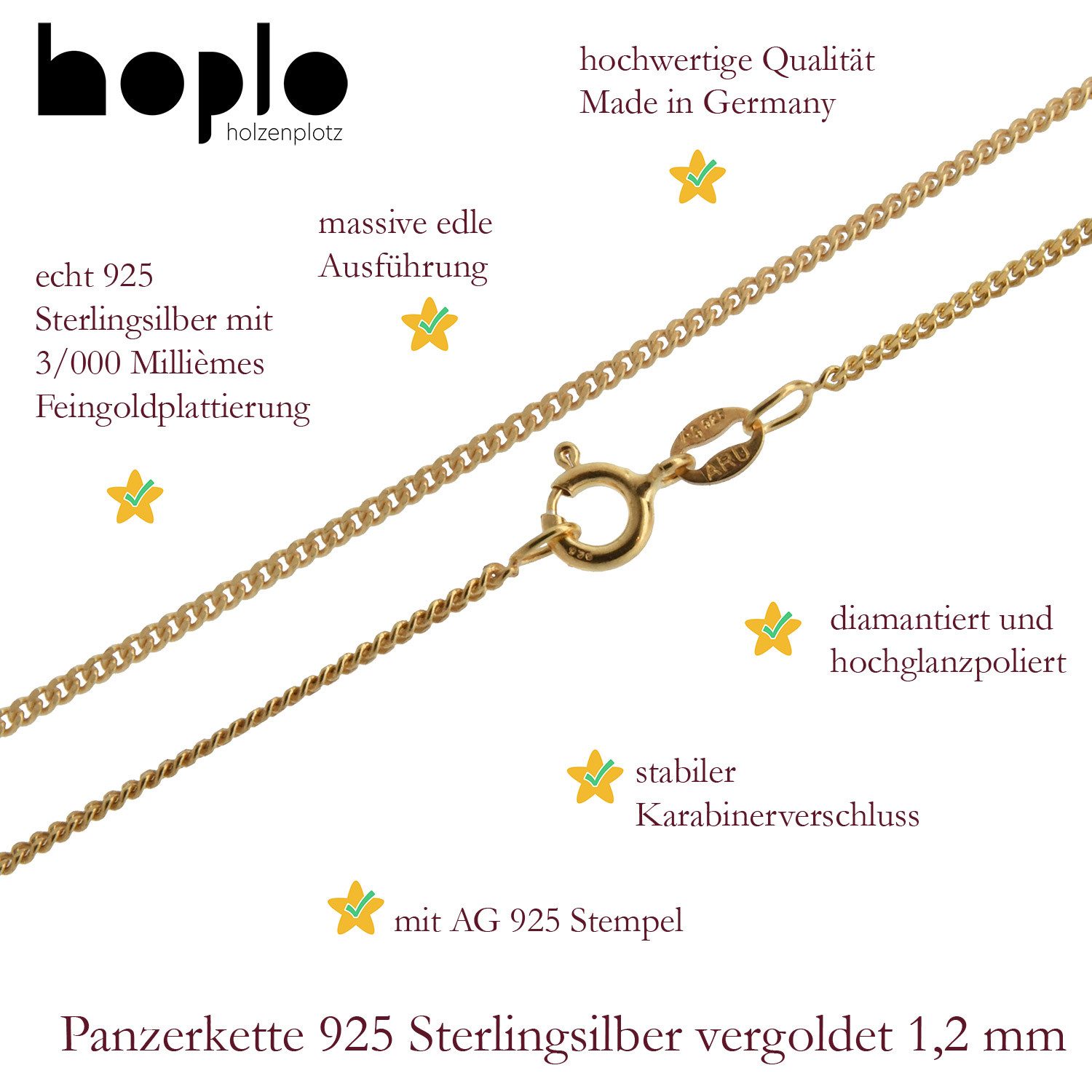 HOPLO Panzerkette Vergoldete Panzerkette 1,2 mm 925 Silber Gelbgold plattiert 36 cm, Made in Germany – Bild 3 von 5