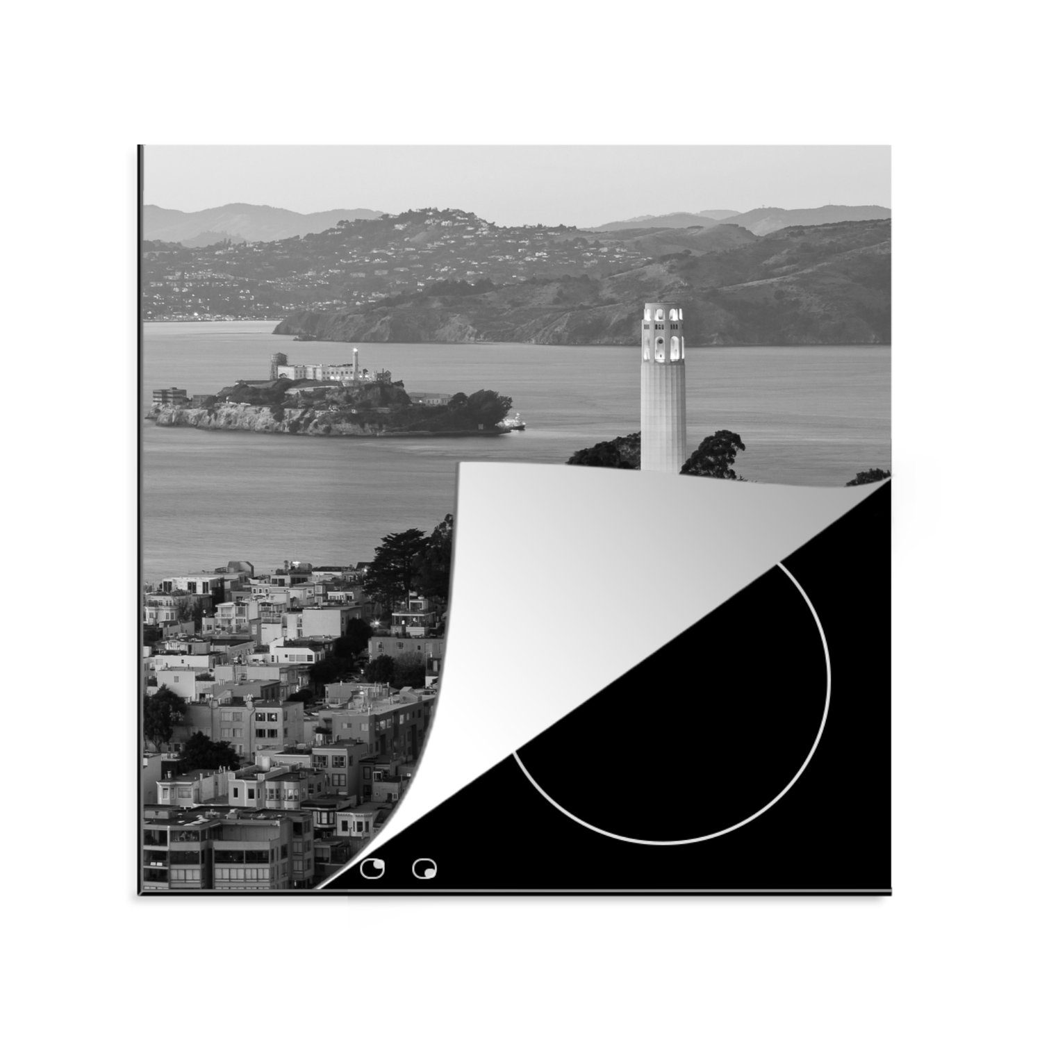 MuchoWow Herdblende-/Abdeckplatte Alcatraz - - Arbeitsplatte (1 für tlg), Schwarz Vinyl, 78x78 cm, Weiß, küche Ceranfeldabdeckung