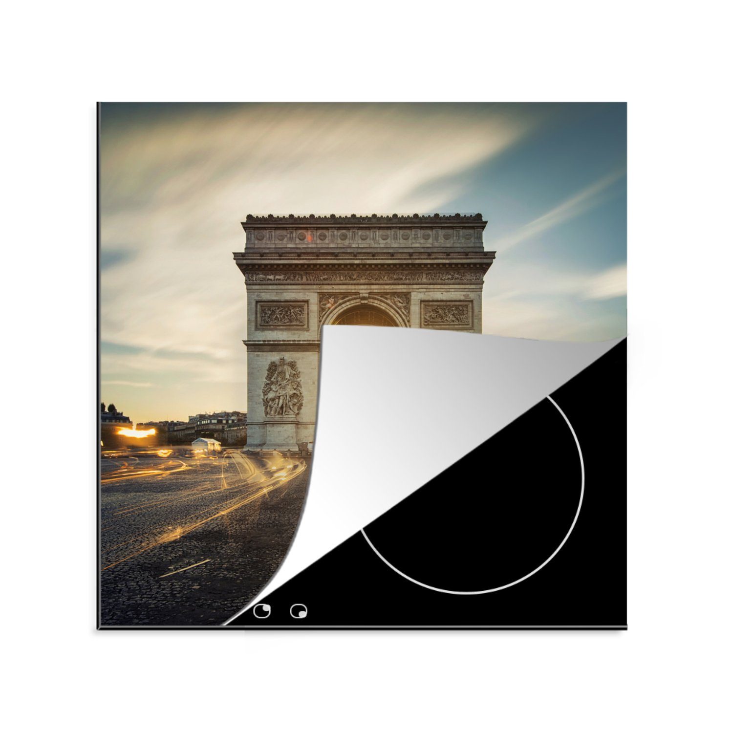 MuchoWow Herdblende-/Abdeckplatte Sonnenaufgang durch einen Triumphbogen in Paris gesehen, Vinyl, (1 tlg), 78x78 cm, Ceranfeldabdeckung, Arbeitsplatte für küche