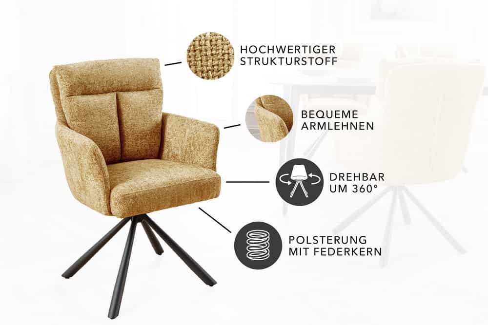 riess-ambiente Polsterstuhl BIG GEORGE senfgelb – Strukturstoff, Metallgestell, mit Armlehnen (Einzelartikel, 1 St), 360° drehbar mit Federkern – ideal für bequemes Sitzen im Esszimmer