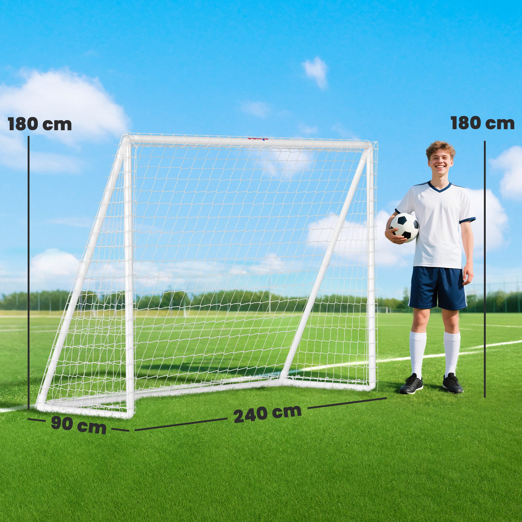 SPORTNOW Fußballtor mit Netz, Erdhaken (Kunststoff-Rahmen, 1 St., Fußball Tor), 240L x 90B x 180H cm, für Garten, Park, Strand