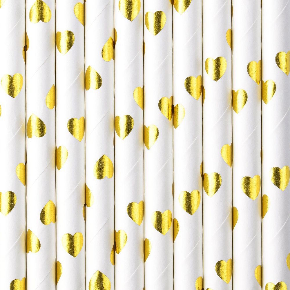 partydeco Trinkhalme, Papierstrohhalme mit Herzen 19cm weiß gold 10er Set