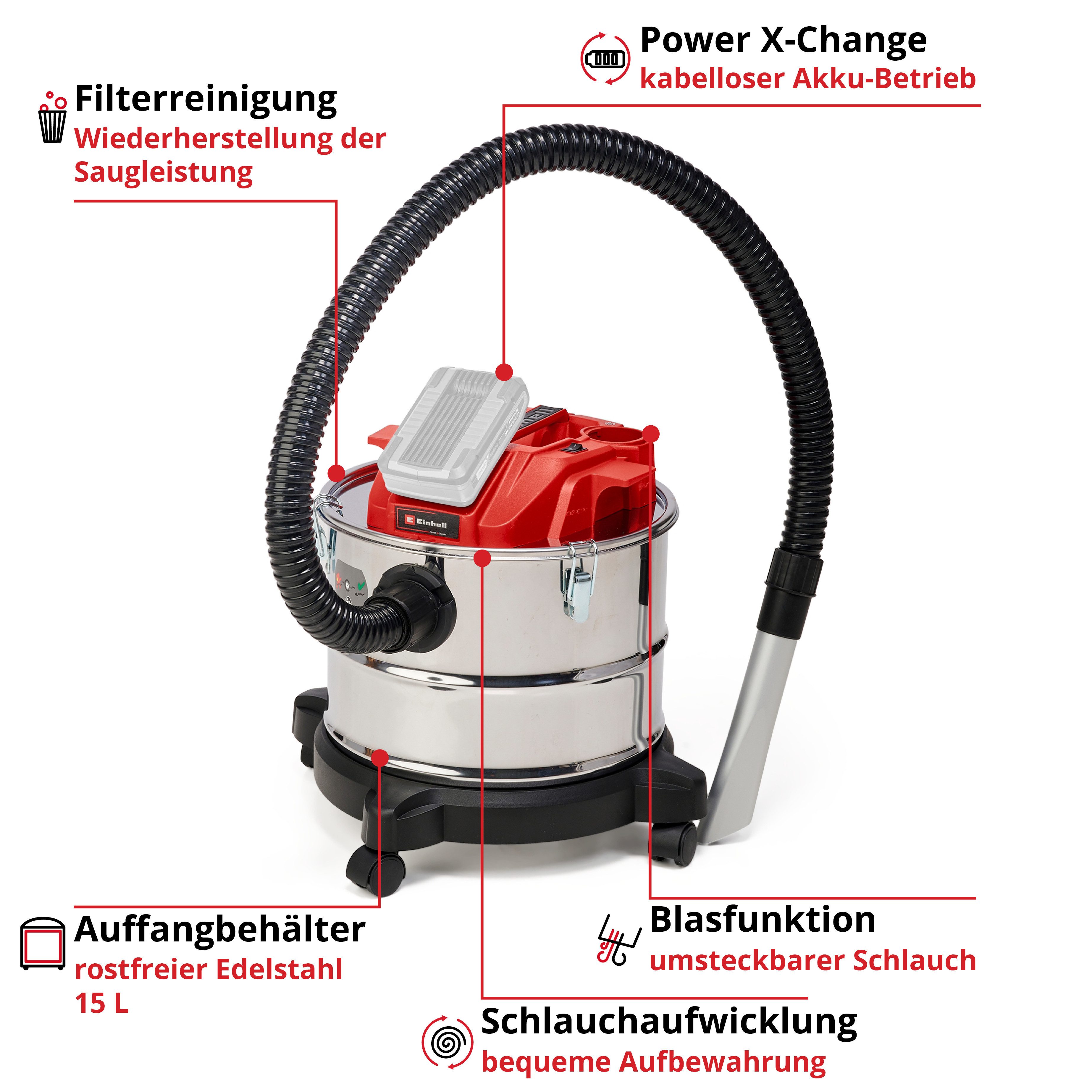 Einhell Aschesauger Akku-Aschesauger TE-AV 18/15 Li C-Solo, 150 W, beutellos, ohne Akku und Ladegerät