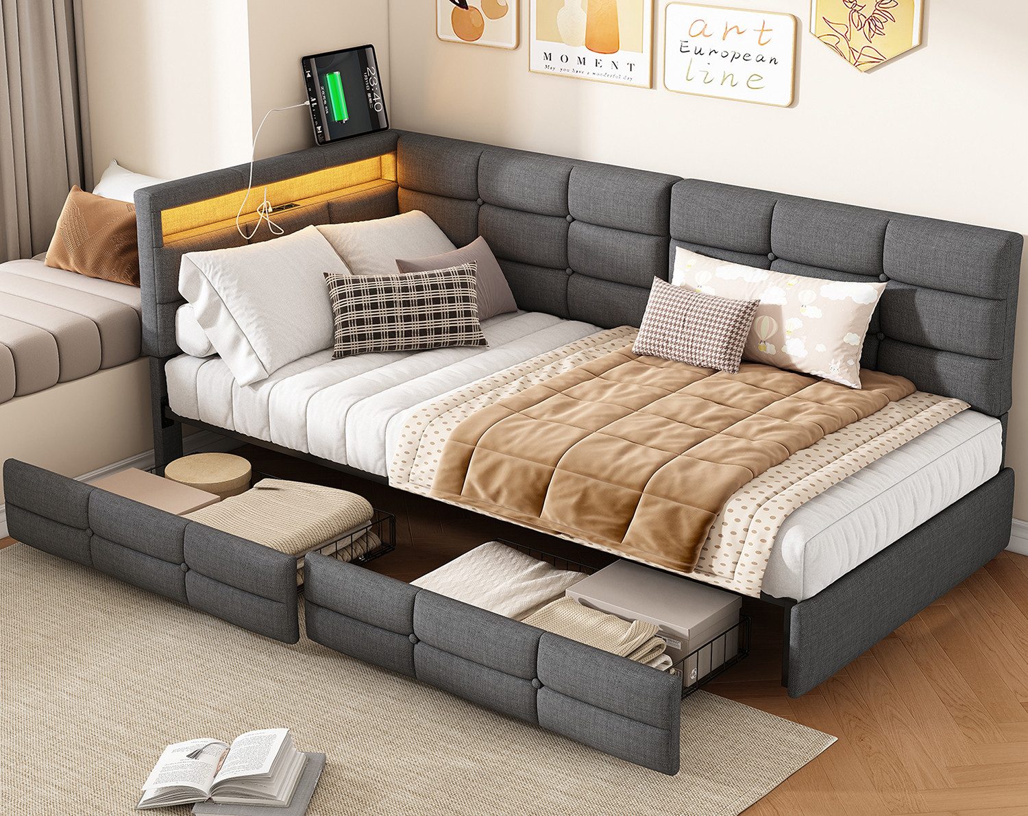 ADWOLT Schlafsofa Daybett Tagesbett Ausziehbares mit Bettfunktion, Multifunktionsbett,90x200 cm,2 Schubladen,Gepolstert,Grau,Leinenstoff