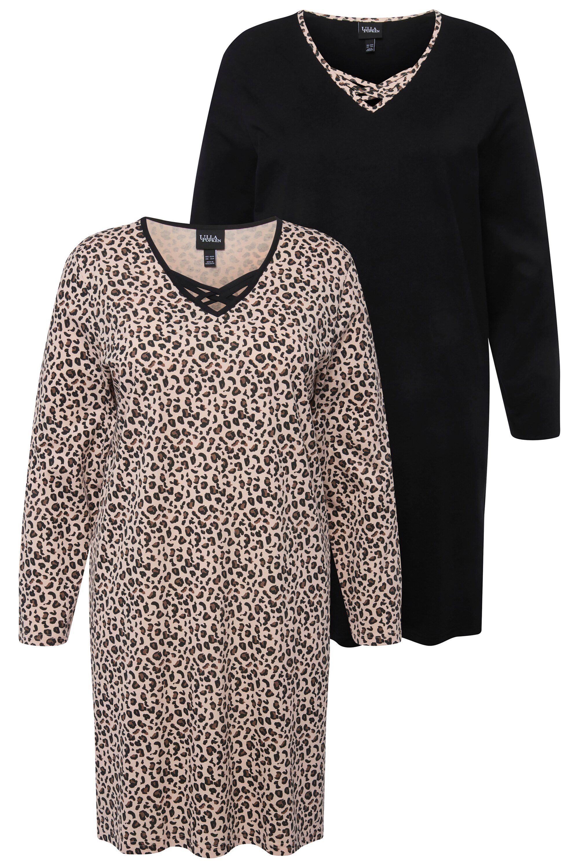 Ulla Popken Bigshirt Bigshirts 2er-Pack Leo/uni V-Ausschnitt Langarm