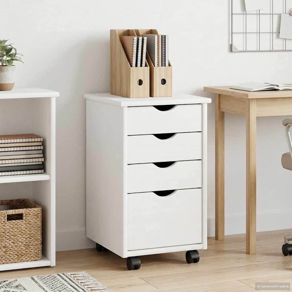 vidaXL Rollcontainer Rollschrank Mit Rad Weiß 34 x 39 x 56 cm Massives Kiefernholz, (1 St)