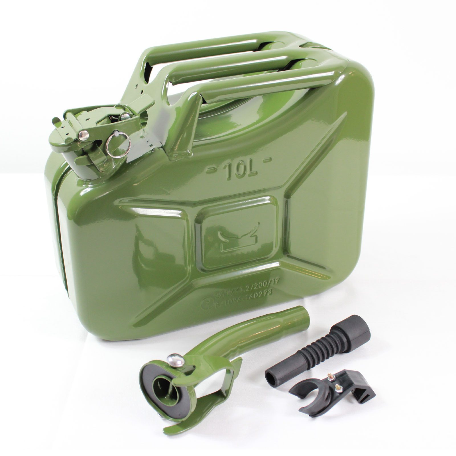 TRUTZHOLM Kanister Benzin Kraftstoffkanister Metall 10 L Oliv inkl. Ausgießer + Halter (Set)