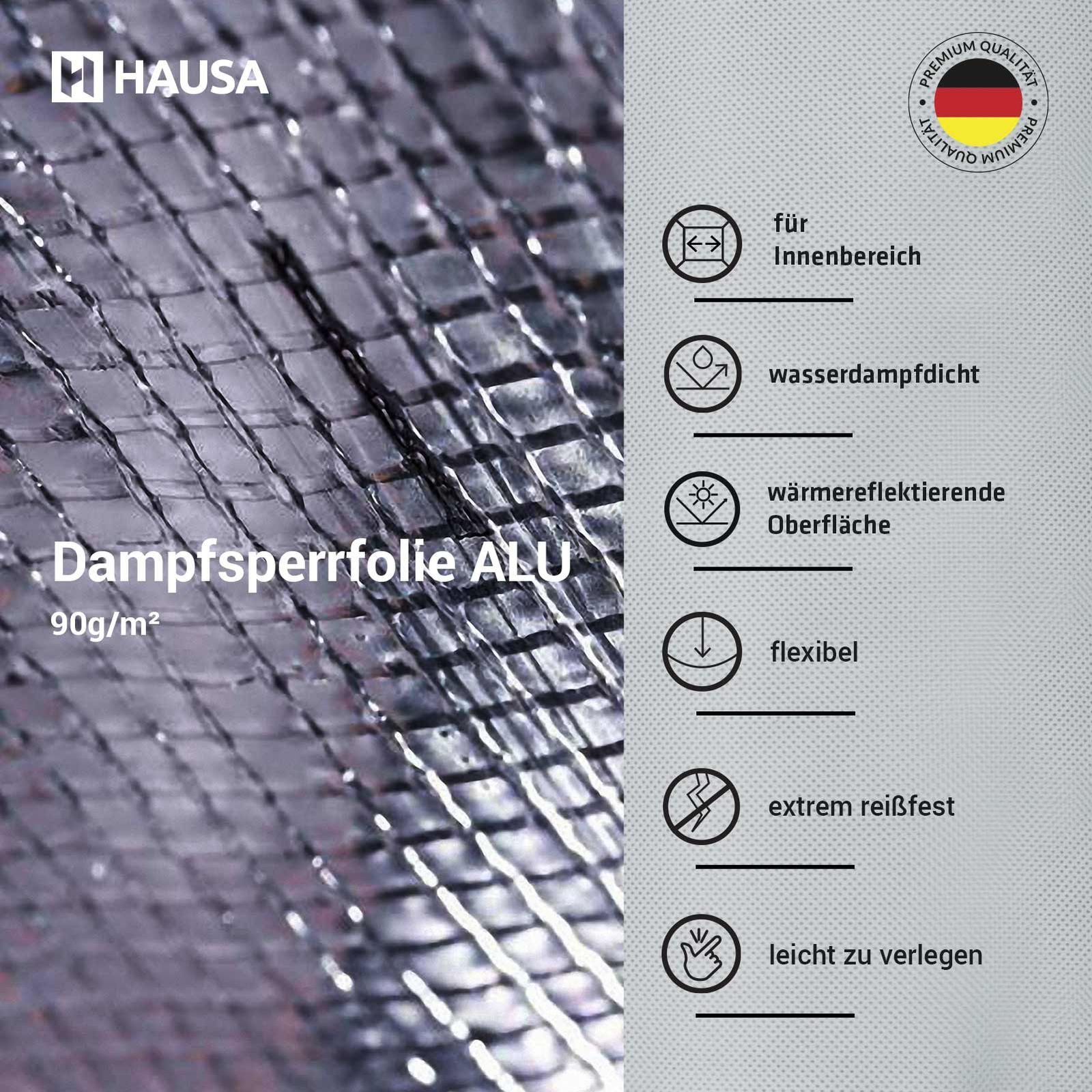 Hausa Dachbahn Dampfsperrfolie ALU, 75 m² pro Paket, (Aluminium Dampfsperrfolie für Dach, Dachgeschoss, Wand, Decke, 1-St., 1,5m x 50m), extra reißfeste Folie zur Dachisolierung von Innen, Dampfsperre