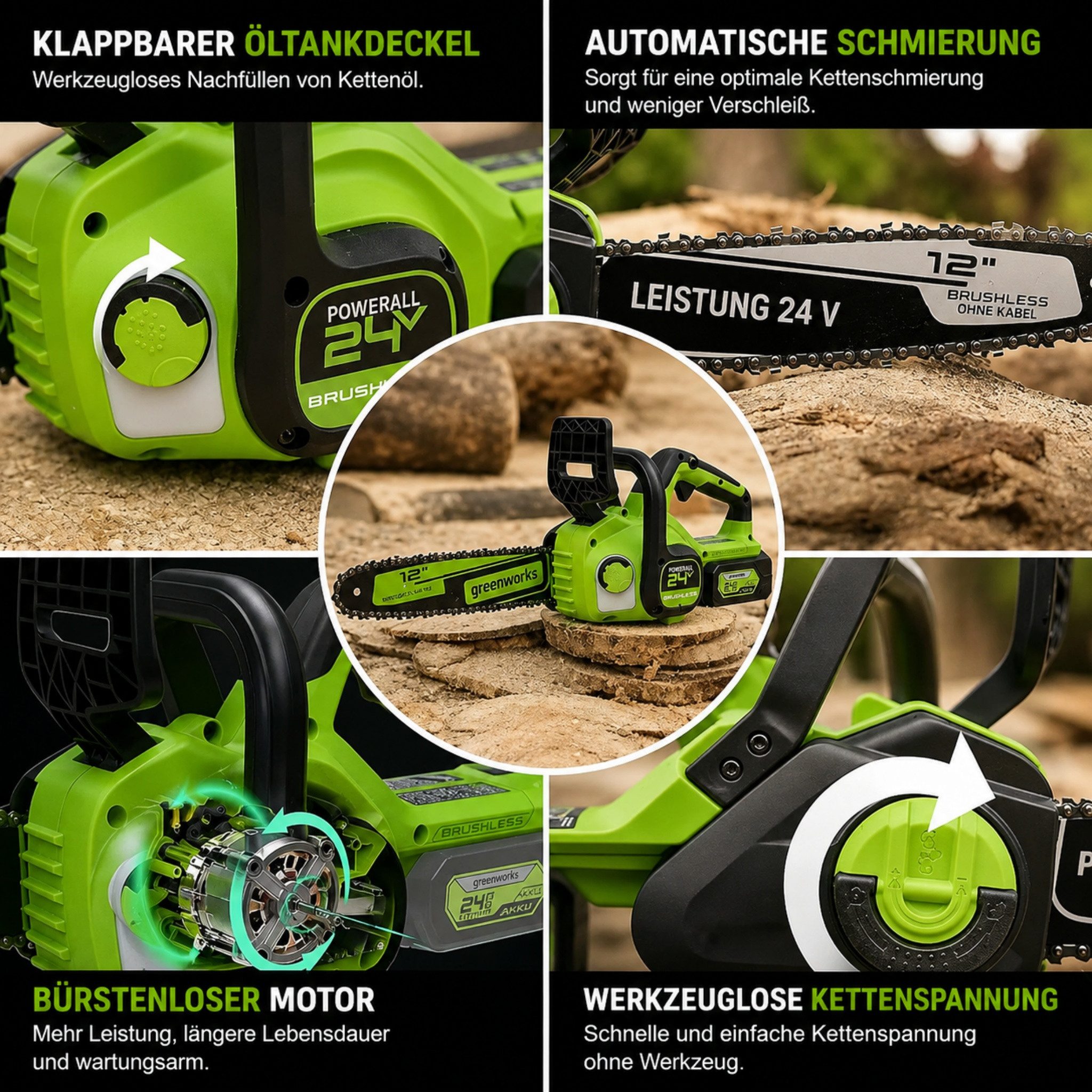Greenworks Akku-Kettensäge Elektro-Kettensage 24V Brushless CSG4450 4.0Ah Akku & Schnellladegerät, 6''/12'' Mini Kettensäge automatischer Kettenschmierung für Heimbüro
