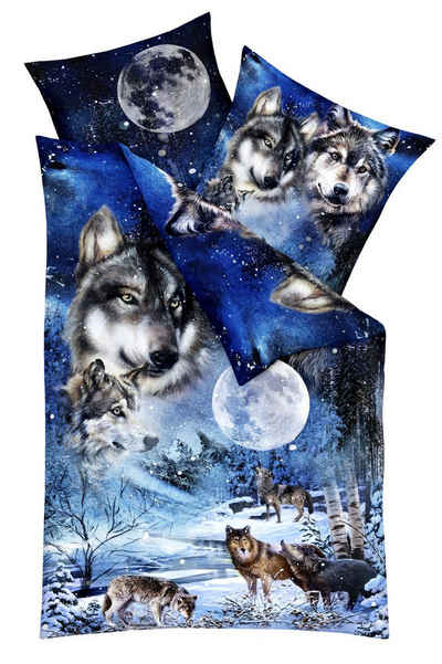 Bettwäsche JACK by Kaeppel 135x200cm Wolf Wölfe Mond, JACK, Mako-Satin, 2 teilig, hochwertiger Digitaldruck mit einem eindrucksvollem Wolfmotiv