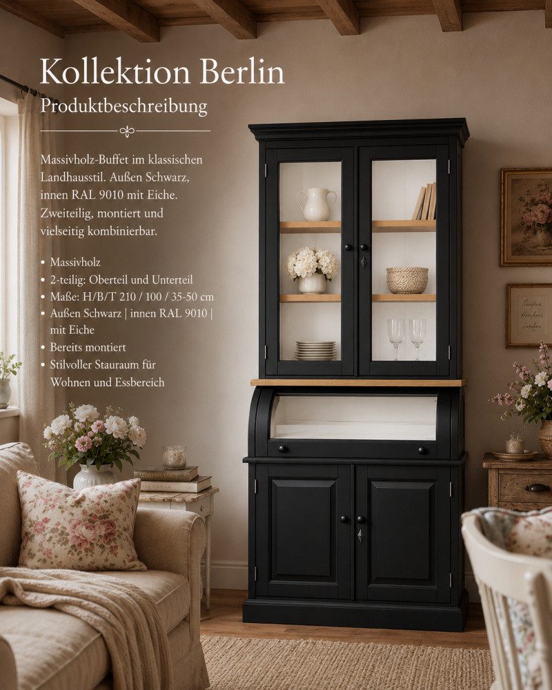 Wohnpalast Buffet Buffet Schrank Berlin 100 cm schwarz- weiß mit Eiche Landhaus- Stil