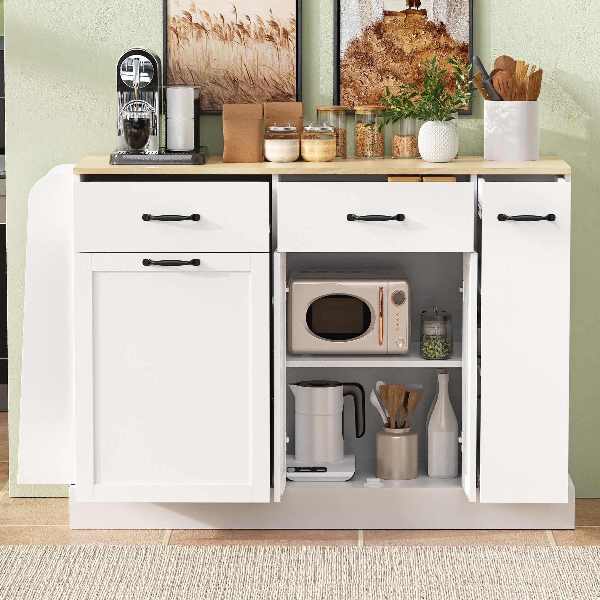 HAUSS SPOLE Sideboard mit Mülleimerfach,Küchenschrank mit Schubladen und Gewürzregal,Weiß (Buffetschrank 133.5×40×86 mit Abfallbehälterfach), für Esszimmer oder Wohnzimmer