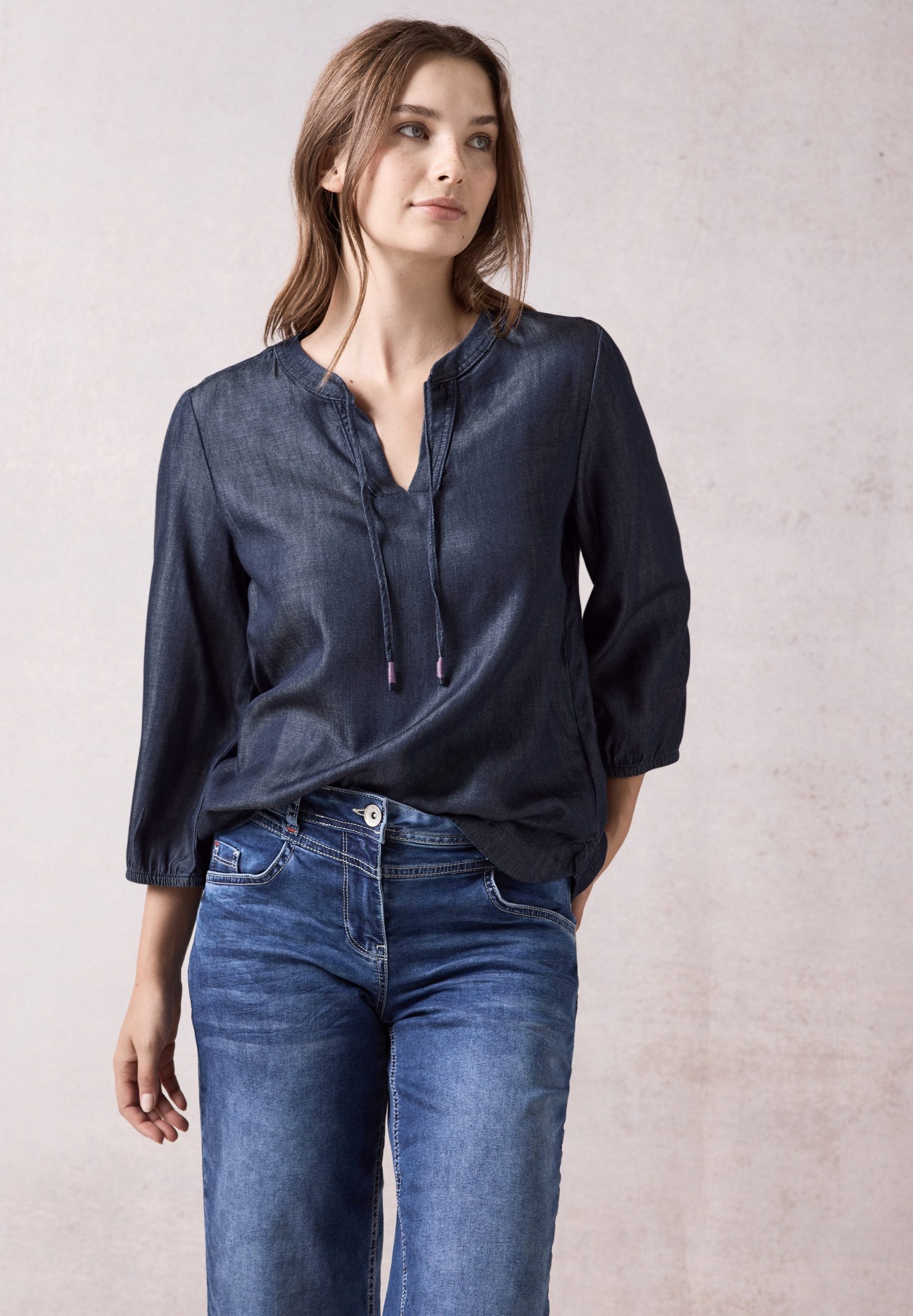 CECIL Kurzarmbluse TOS Lyocell Blouse Dark blue wash günstig online kaufen