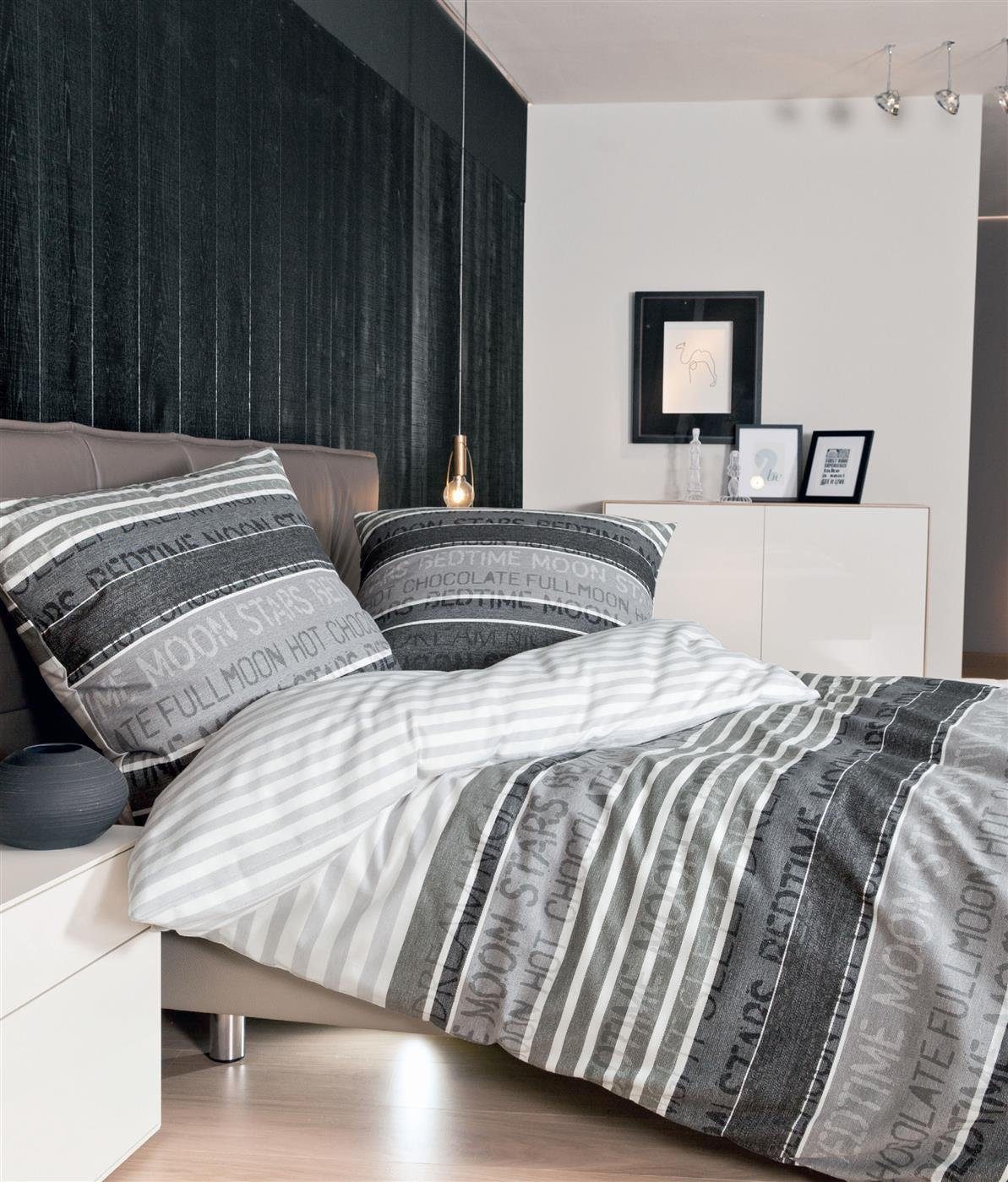 soma Bettwäsche Bettbezug 135x200 80x80 gestreift grau Streifen Zeitung bie günstig online kaufen