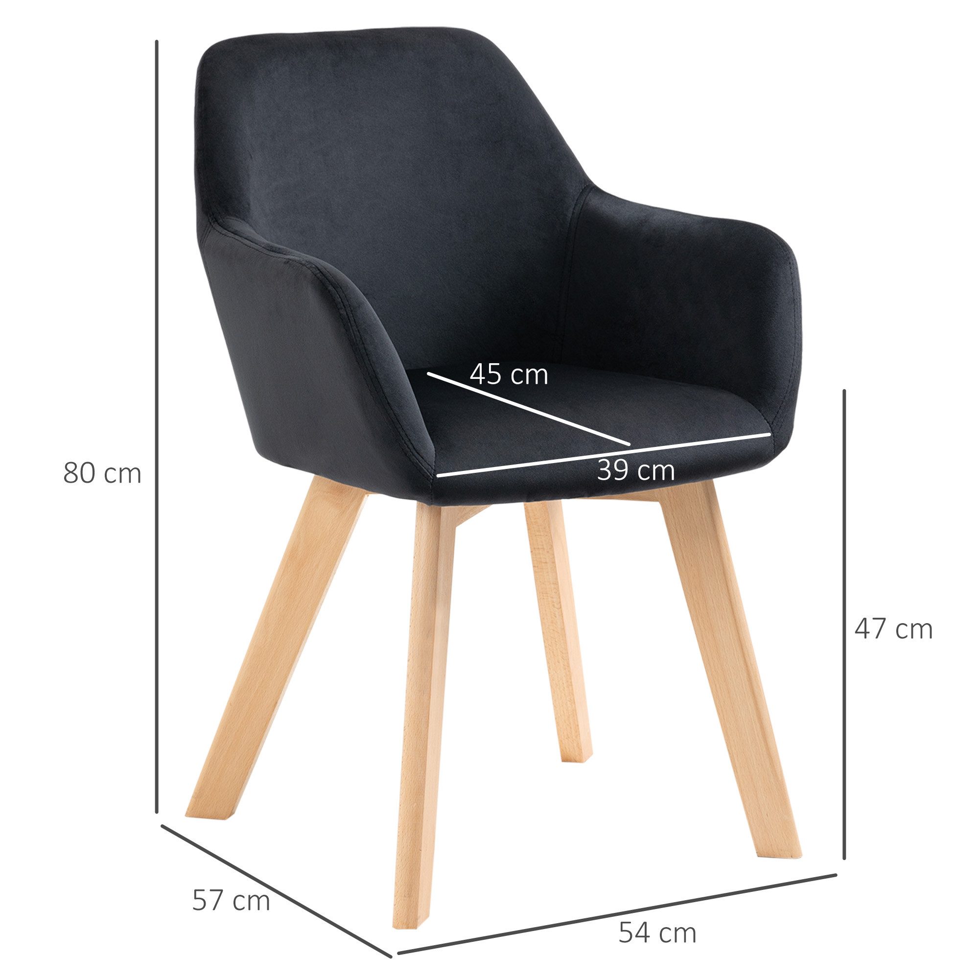 HOMCOM Esszimmerstuhl Sessel Polsterstuhl mit Armlehne, Samtoptik, Stühle mit Holzbeinen (Küchenstuhl, 2 St), für Wohnzimmer, Esszimmer, Schwarz – Bild 3 von 5