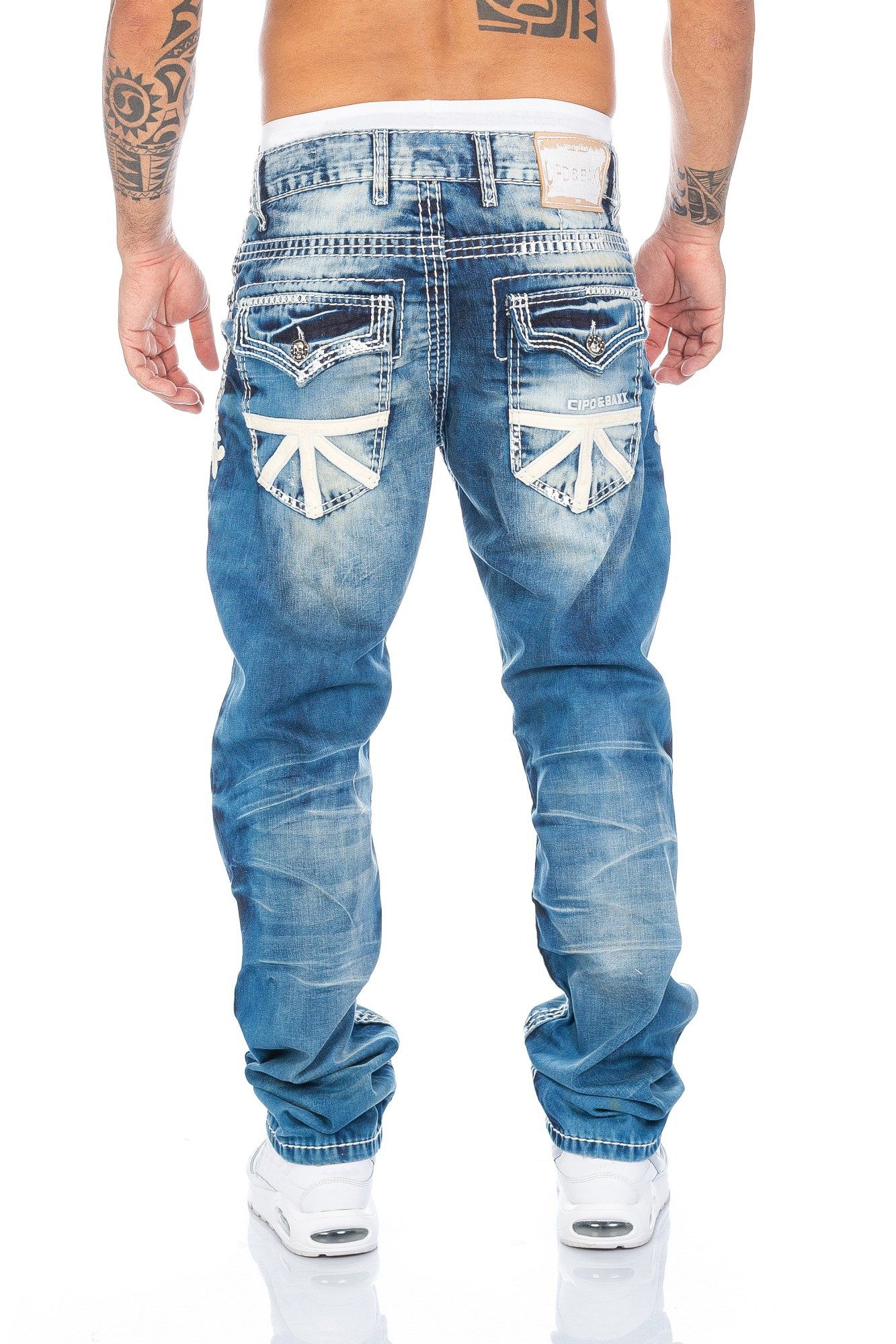 Cipo & Baxx Regular-fit-Jeans Herren Jeans Hose mit dicken Nähten und außergewöhnlichem Design Jeans mit weißen dicken Nähten und viele Details