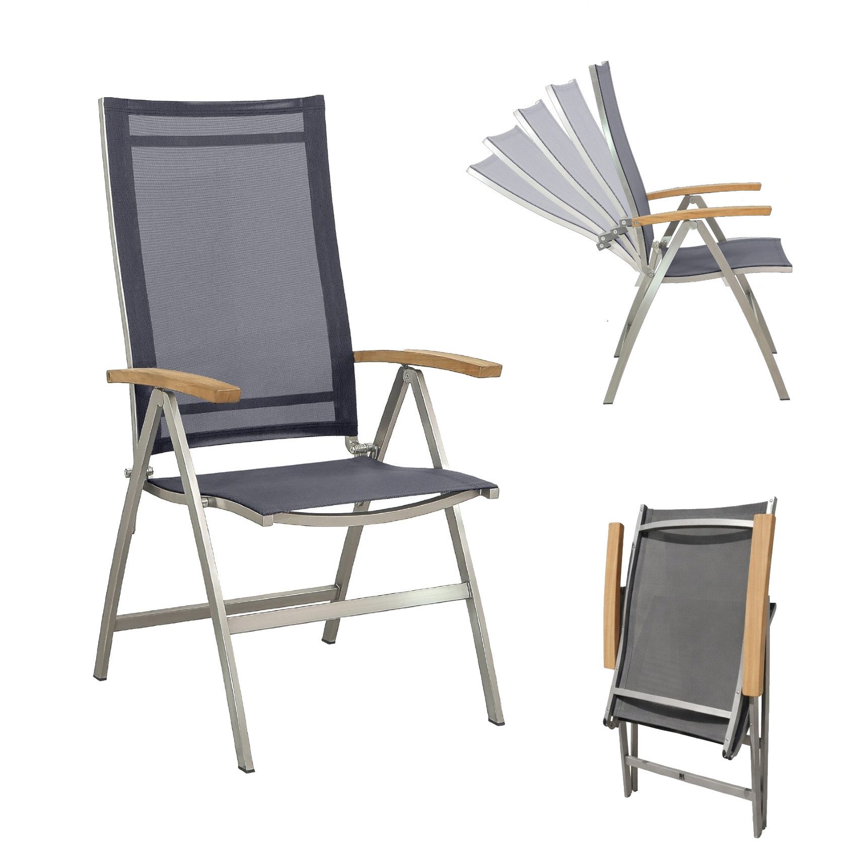 CASA DOMA Gartenstuhl Mineo, verstellbarer Klappsessel, Edelstahl/Sunproof®/Teak, Hochlehner