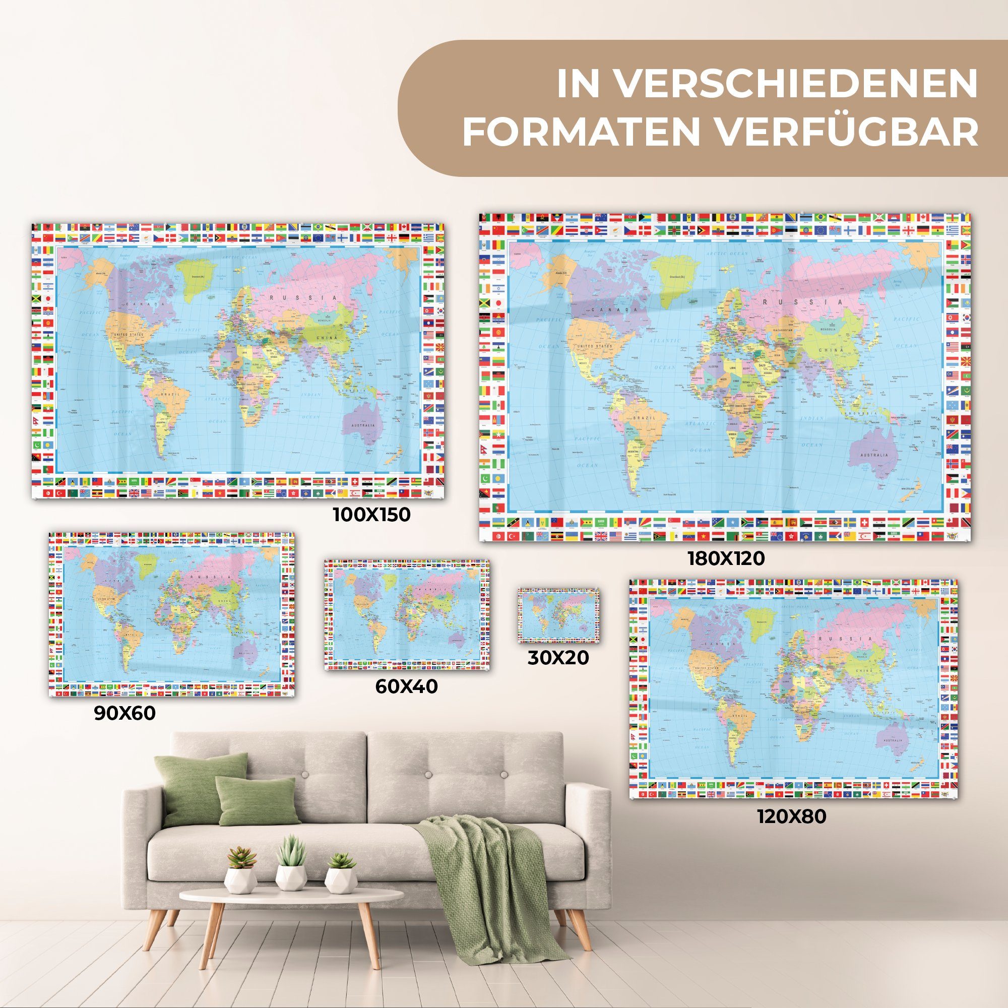 - MuchoWow Glas auf Glas Atlas, - Bilder - - Foto Acrylglasbild Weltkarte - Glasbilder Flagge St), (1 Wandbild auf Wanddekoration