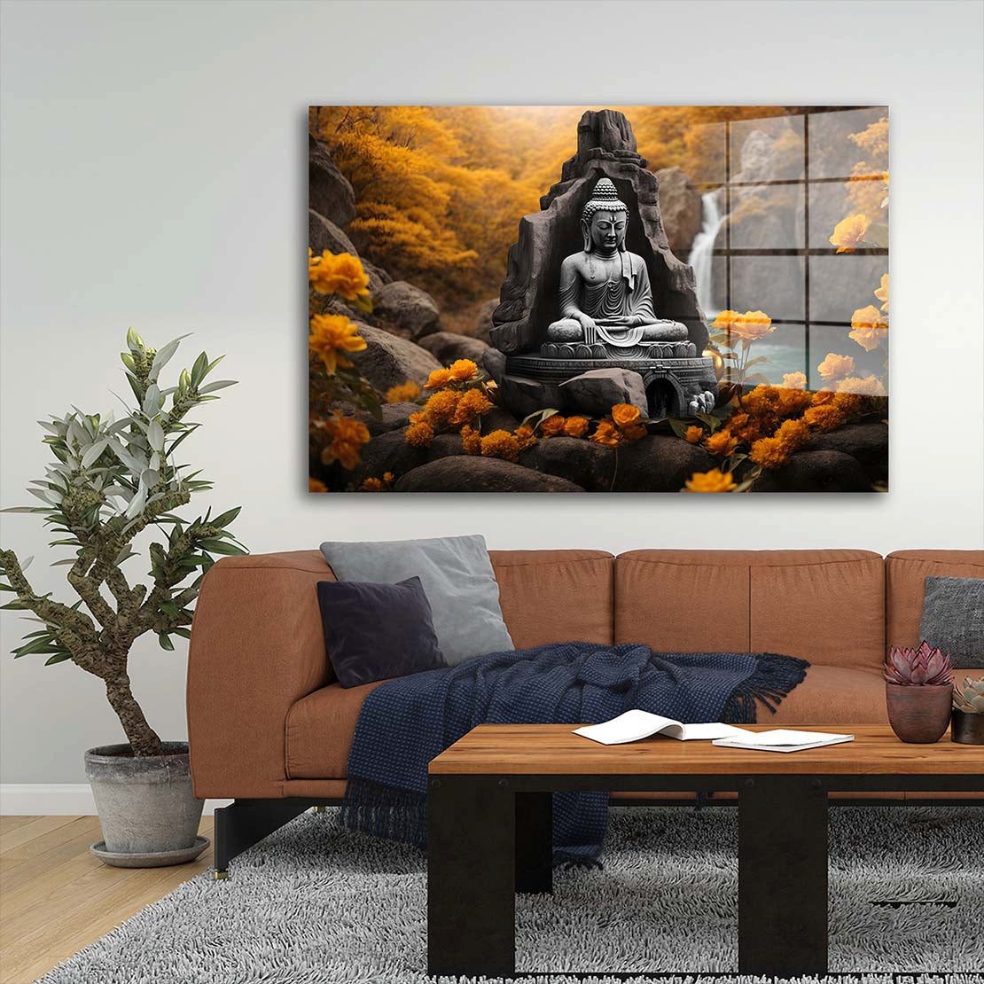 Artedinoi Acrylglasbild Buddha Acrylglasbild Wandbild Natur Modern Grün Zen Meditation XXL, Eine Buddha-Figur inmitten grüner Natur in weichem Licht.