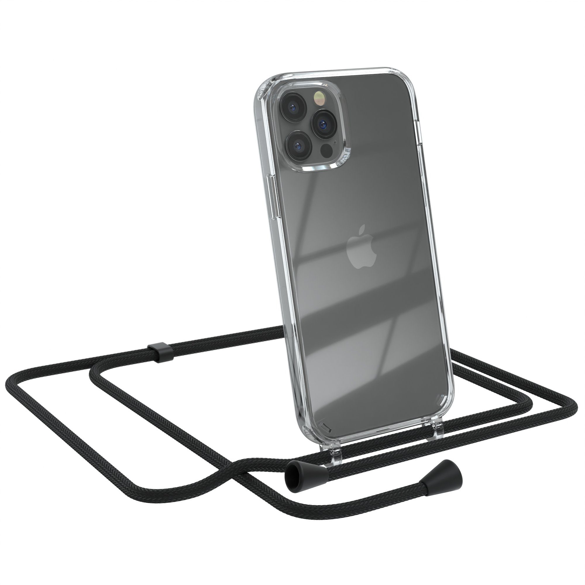 EAZY CASE Handykette Kette Clips Schwarz für Apple iPhone 12 / 12 Pro 6,1 Zoll, Slimcover mit Umhängeband Case Handytasche Clear Backcover Schwarz