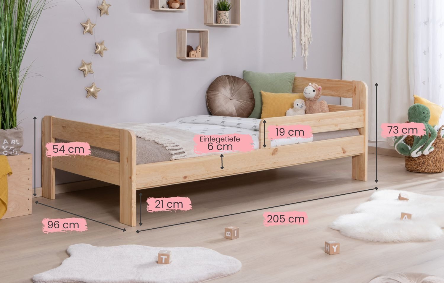 Ticaa Bettgestell Einzelbett Kinderbett Jugendbett "Bennet" mit, Einzelbett inkl. Rausfallschutz – Bild 4 von 5
