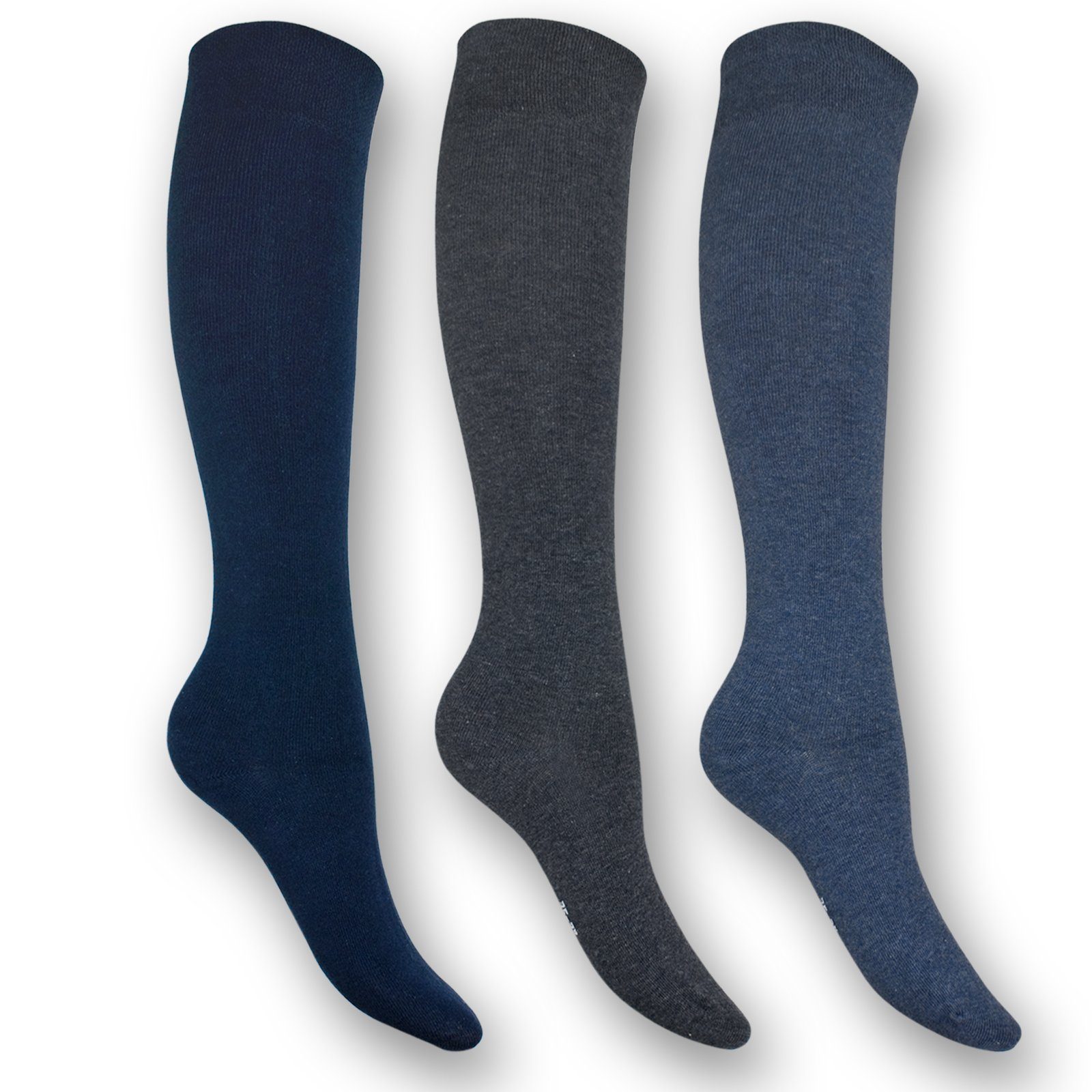 HARMONY mit Grau) Sockenbude Blau (Bund, weichem 3-Paar, Komfortrand Jeanstöne Die Kniestrümpfe