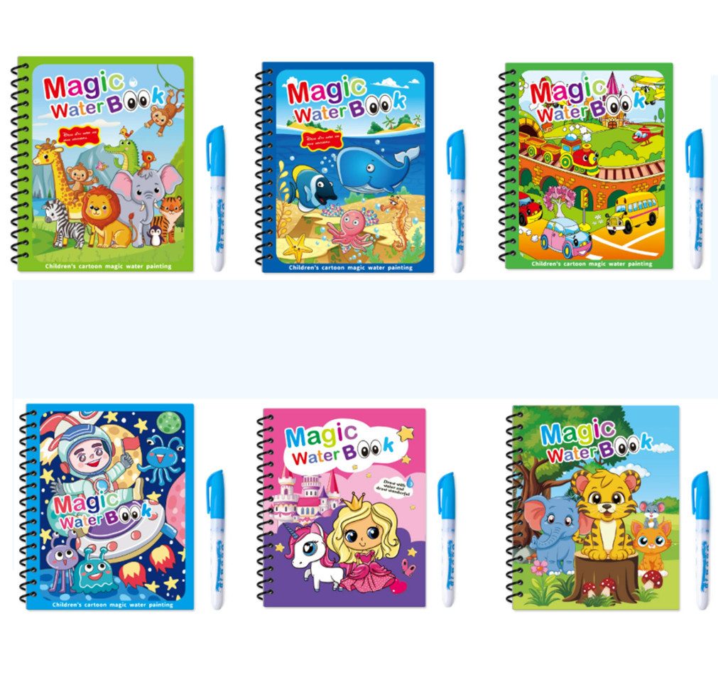 Flintry Malvorlage Malbuch für Kinder - 6 Stück verschiedene Themen Malvorlagen (6-St), Zauber-Malbuch mit Wasserstift, wiederverwendbares Magic