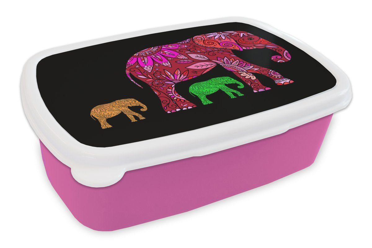 MuchoWow Lunchbox Elefanten - Muster - Blumen - Pflanzen, Kunststoff, (2-tlg), Brotbox für Erwachsene, Brotdose Kinder, Snackbox, Mädchen, Kunststoff rosa