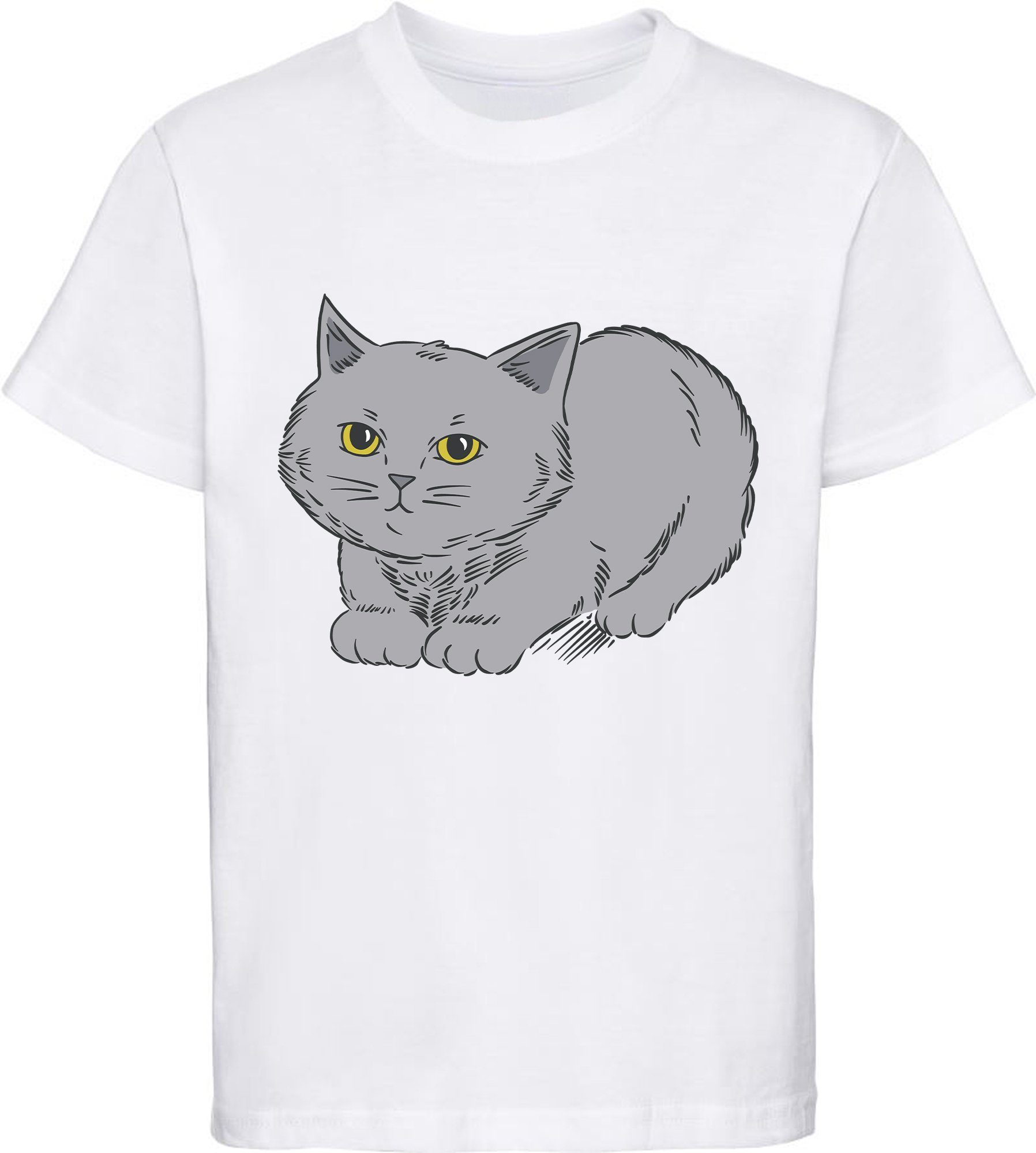 MyDesign24 Print-Shirt bedrucktes Mädchen T-Shirt mit niedlicher grauen Katze Baumwollshirt mit Katze, weiß, schwarz, rot, rosa, i107 weiss | T-Shirts