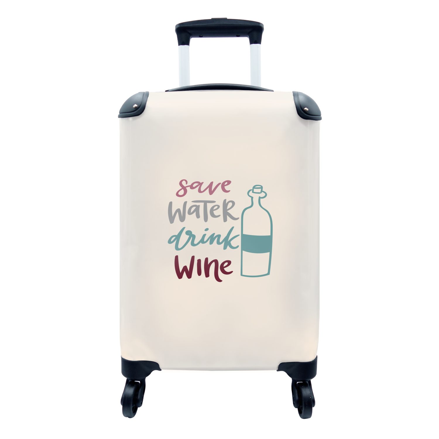 MuchoWow Handgepäckkoffer Zitat "Wasser sparen, Wein trinken" auf beigem Hintergrund, 4 Rollen, Reisetasche mit rollen, Handgepäck für Ferien, Trolley, Reisekoffer