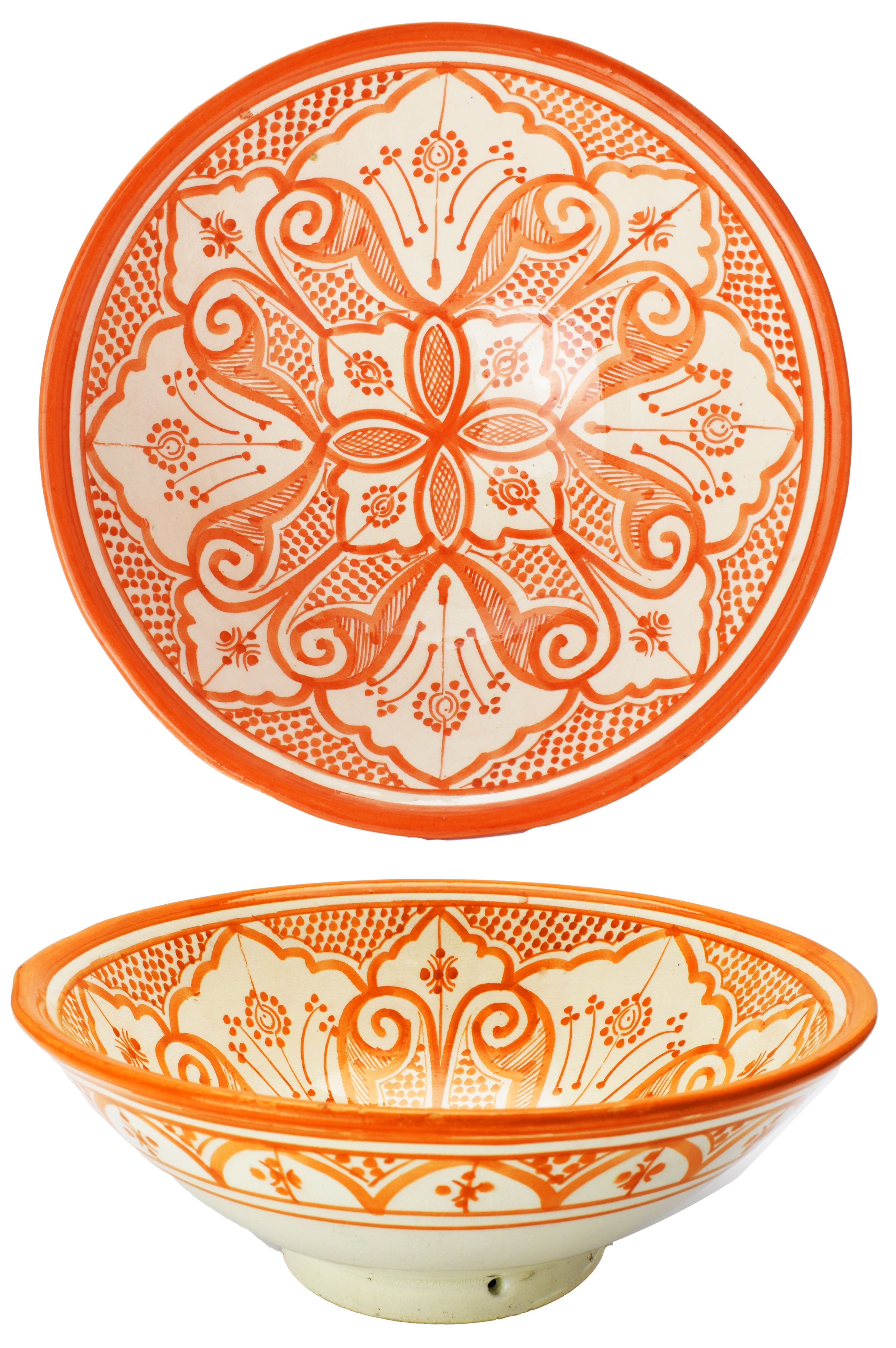 Marrakesch Orient & Mediterran Interior Snackschale Marokkanische Keramikschale Liyah aus Keramik in Weiß-Orange 25 cm, Keramik, (1-tlg), Handarbeit