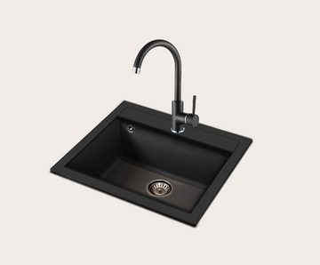 GURARI Küchenspüle SQQ100 - 601 W+RM-2845-C, (2 St), Einbau Granitspüle Schwarz metallic +Aufrollbare Abtropfmatte