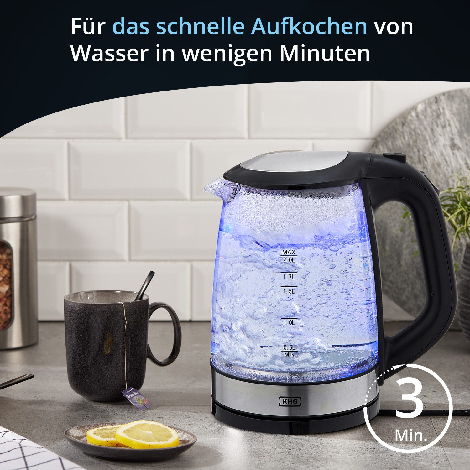 KHG Wasserkocher WK-1706 GES aus Glas, 2 Liter Fassvermögen, LED Beleuchtung, 2 l