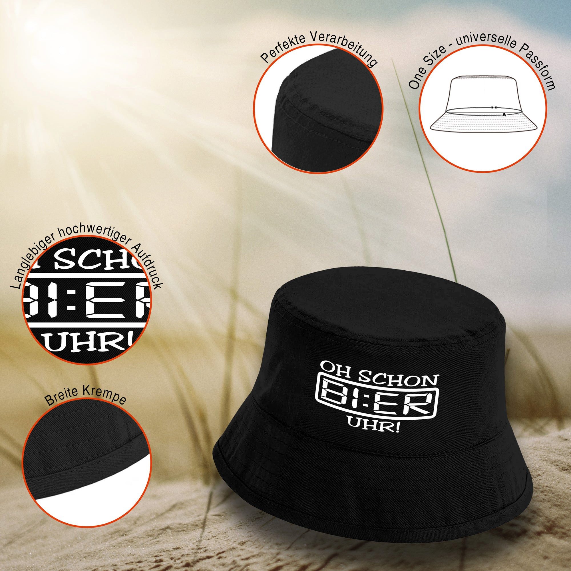 Herzbotschaft Sonnenhut Bucket Hat Oh schon Bier Uhr (Unisex Einheitsgröße, Sommerhut mit Spruch, Festivalhut, Fischerhut) für Damen & Herren