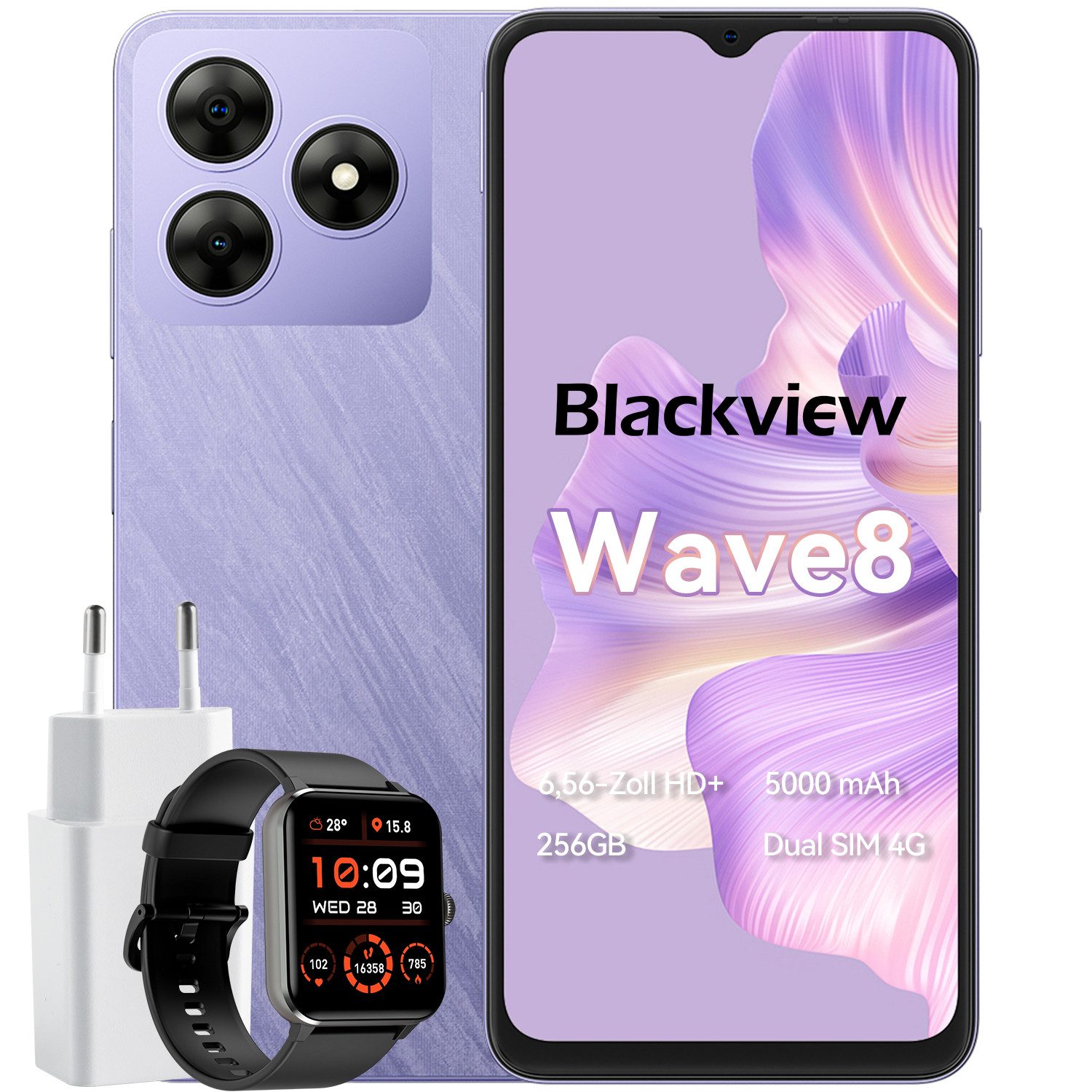 blackview Wave8 incl. 10W USB-Ladegerät und R50 Smartphone (256 GB Speicherplatz, 13 MP Kamera, Dual SIM 4G, Android 14, AI-Dialog)
