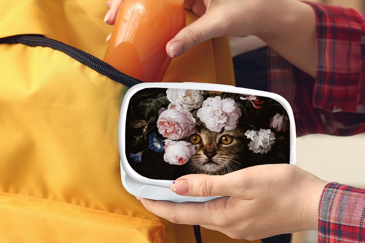 Kinder und Katze - (2-tlg), Brotbox MuchoWow Brotdose, Erwachsene, für Blumen weiß Lunchbox für Mädchen Kunststoff, Kunst, und - Jungs