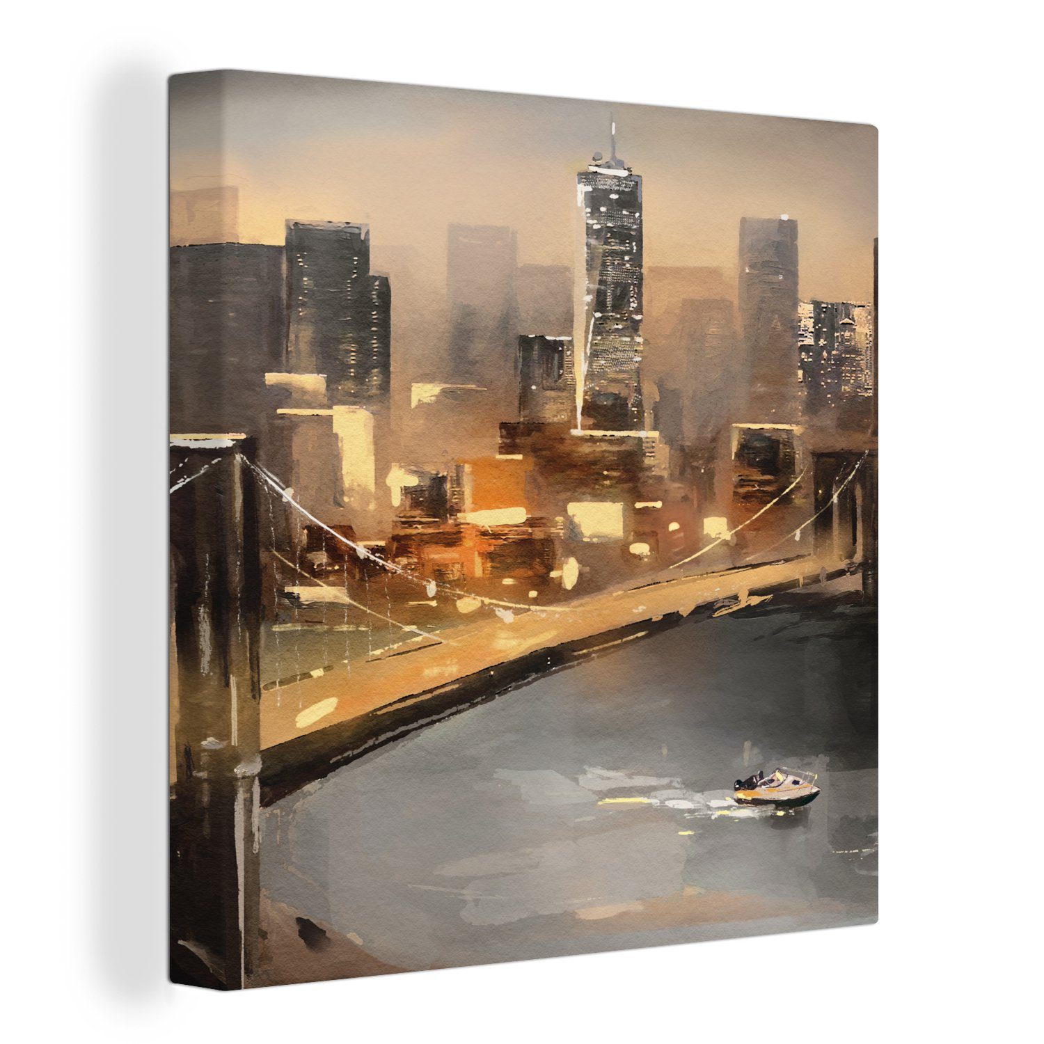 OneMillionCanvasses® Gemälde Gemälde - Öl - Skyline - Stadt - Wasser, (1 St), Leinwand Bilder für Wohnzimmer Schlafzimmer