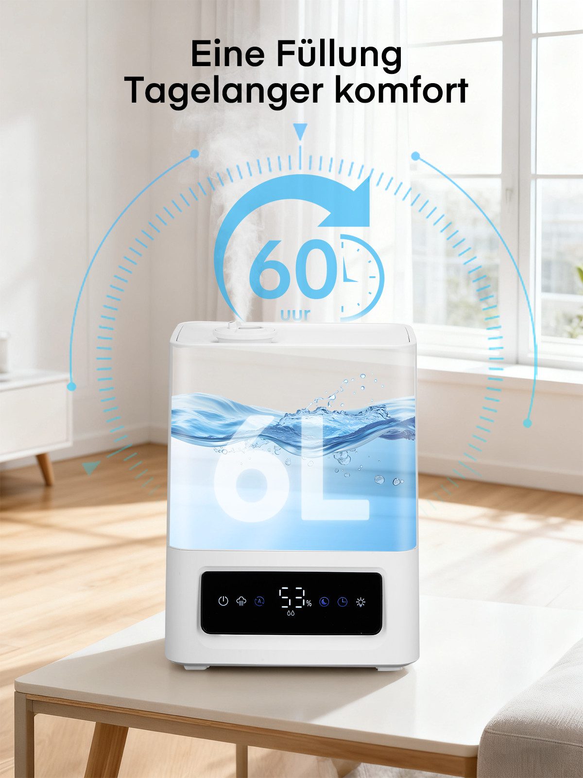 FOHERE Luftbefeuchter 60H Kaltnebel leiser Humidifier für Kinderzimmer, Pflanzen, 6 l Wassertank, 28dB Ultra Leise, Präziser Feuchtigkeitssensor, 16H Timer – Bild 5 von 5