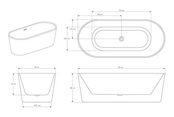 Bernstein Badewanne MIO, (modernes Design / Acrylwanne / Sanitäracryl / mit Siphon), freistehende Wanne / Weiß Glänzend / 170 cm x 75 cm / Acryl / Oval