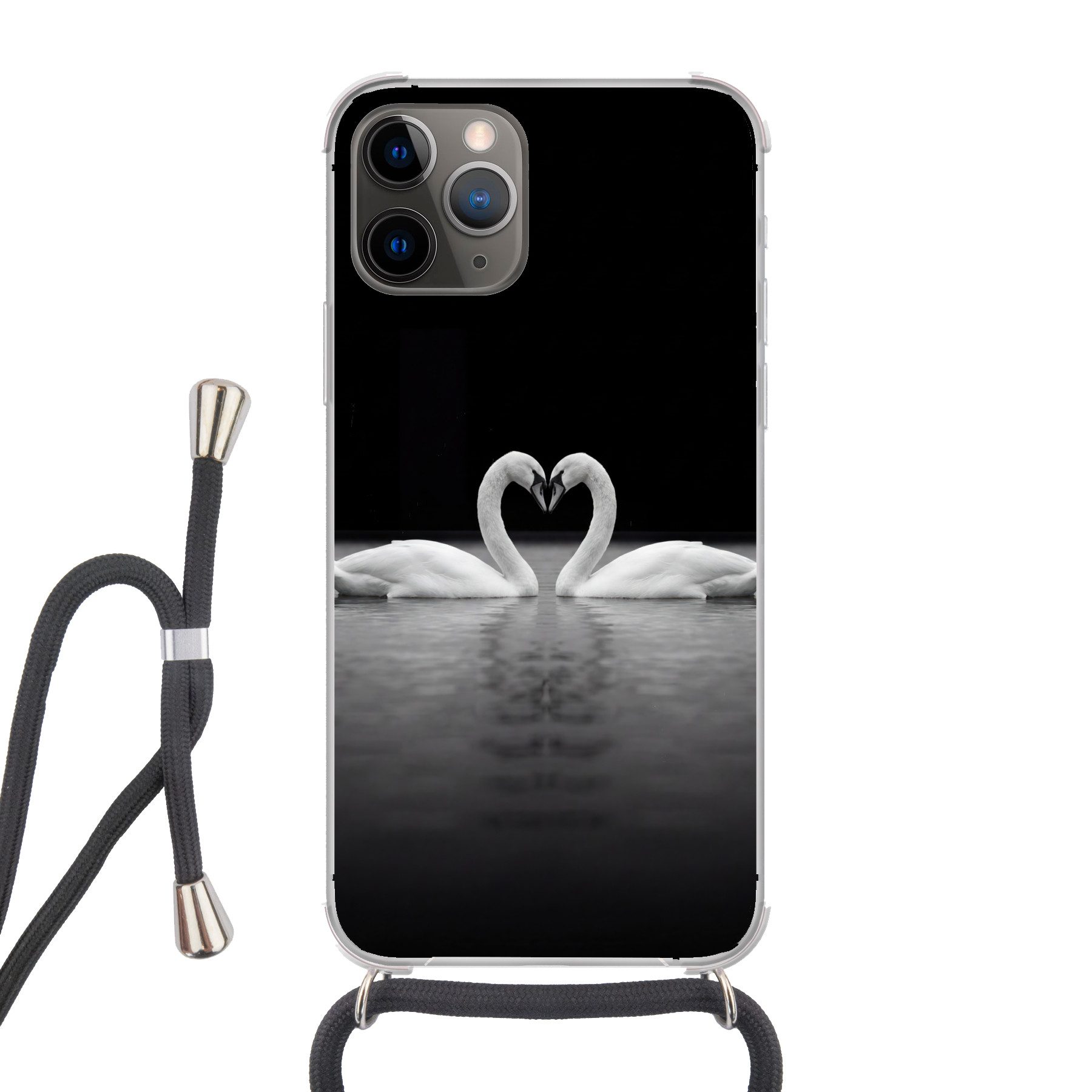 MuchoWow Handyhülle für Apple iPhone 12 Pro Schwäne - Herz - Schwarz - Weiß, Tragbare Handyhüllen mit Kette zum umhängen, Handykette Handyband
