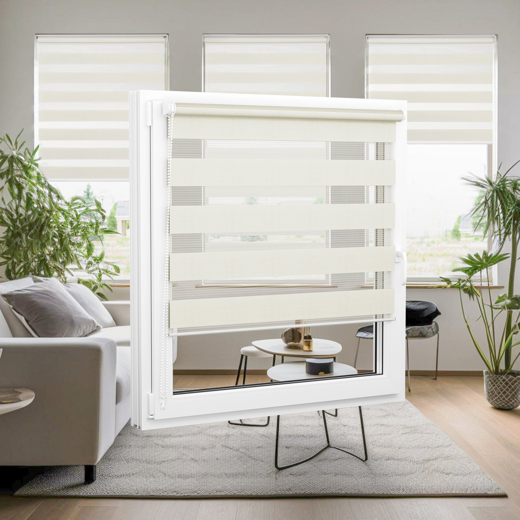 Doppelrollo 35 x 120 cm, creme [Stoffbreite 31,6 cm], jalousiescout, blickdicht, mit Bohren/ohne Bohren, freihängend, Klemmen, Kleben und Schrauben OHNE Aufprei – Bild 5 von 5