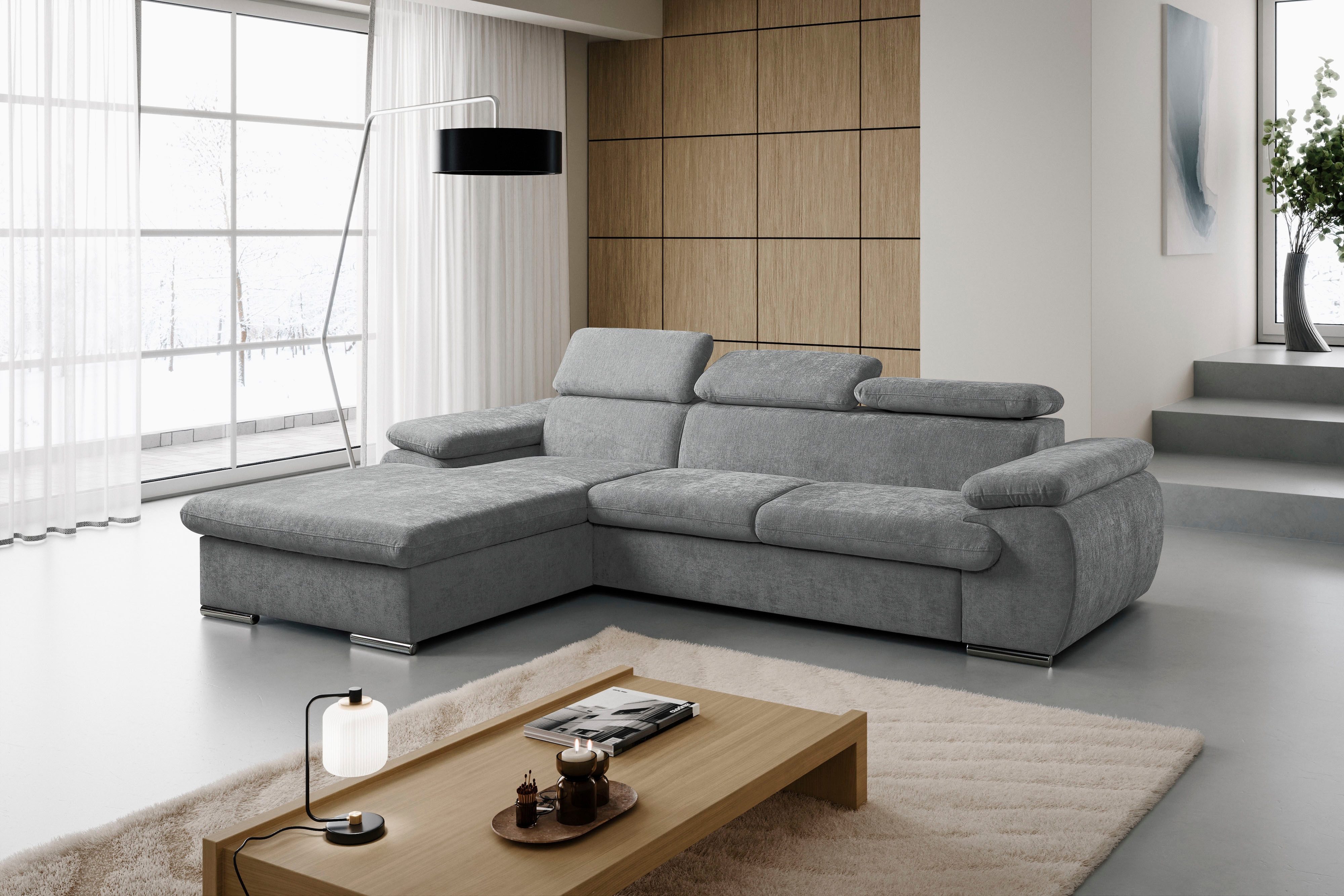 WERK2 Ecksofa Cosmo 282 x 192 cm modern und bequem, Chenille, L-Form, XXL, Schlaffunktion, Bettkasten
