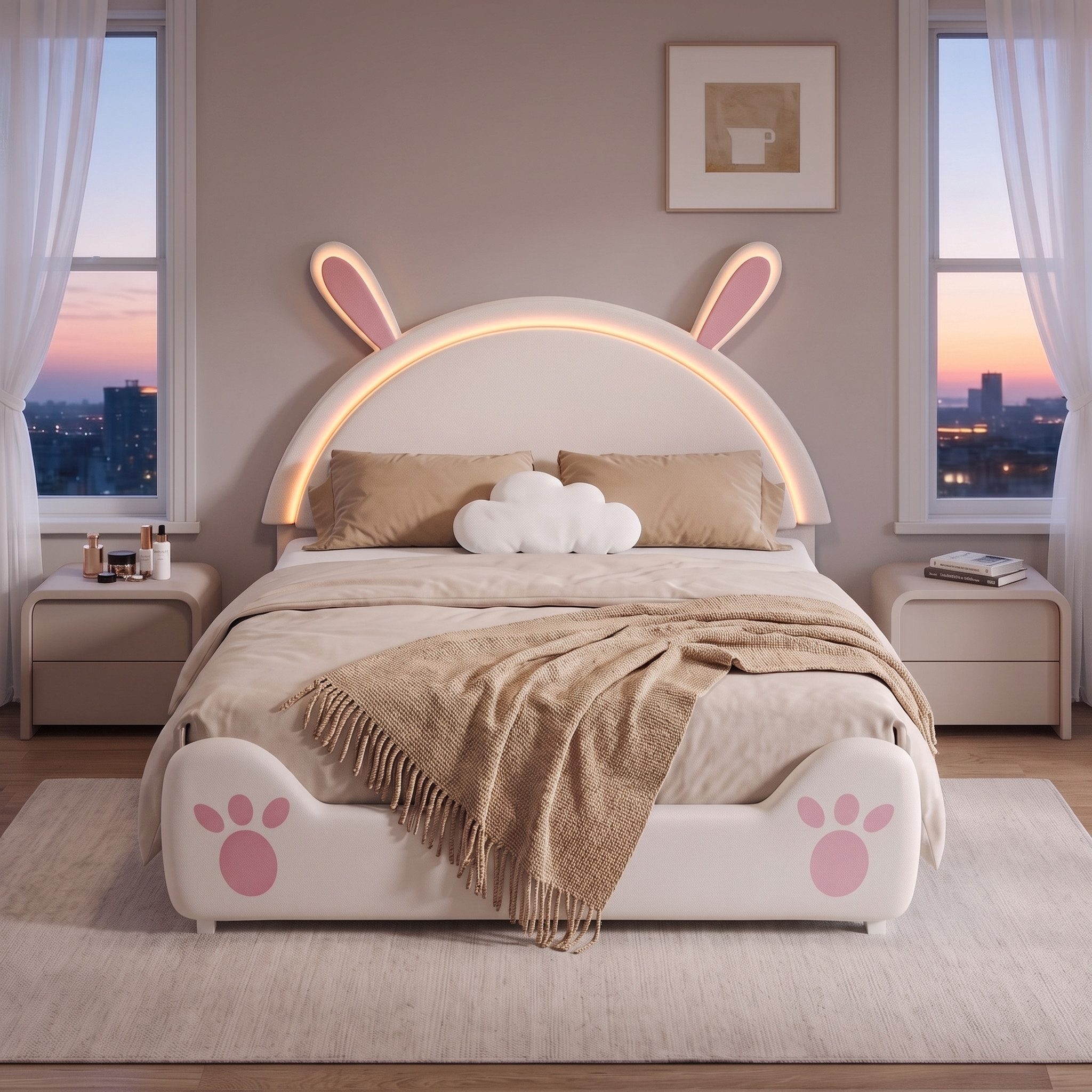 Simurq Polsterbett Kinderbett Bettgestell in Hasenform,Mädchen Doppelbett,Jugendbett,Samt (Polsterbett 140x200 for Mädchen), Mit LED Kopfteil und Lattenrost,Geeignet für Jugendliche und Kinder