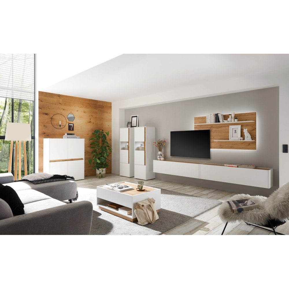 Lomadox Wohnwand CRISP-61, (7-St., 7-tlg), Modernes Wohnzimmer Set in weiß mit Absetzungen in Wotan Eiche Nb.