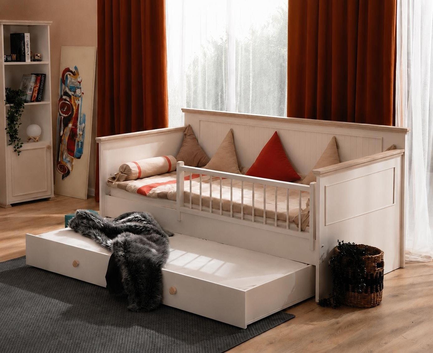 Xlmoebel Kinderbett Kinderbett Bücherregal Beige Modern Seitengitter Stauraum (2-tlg., 2-tlg)