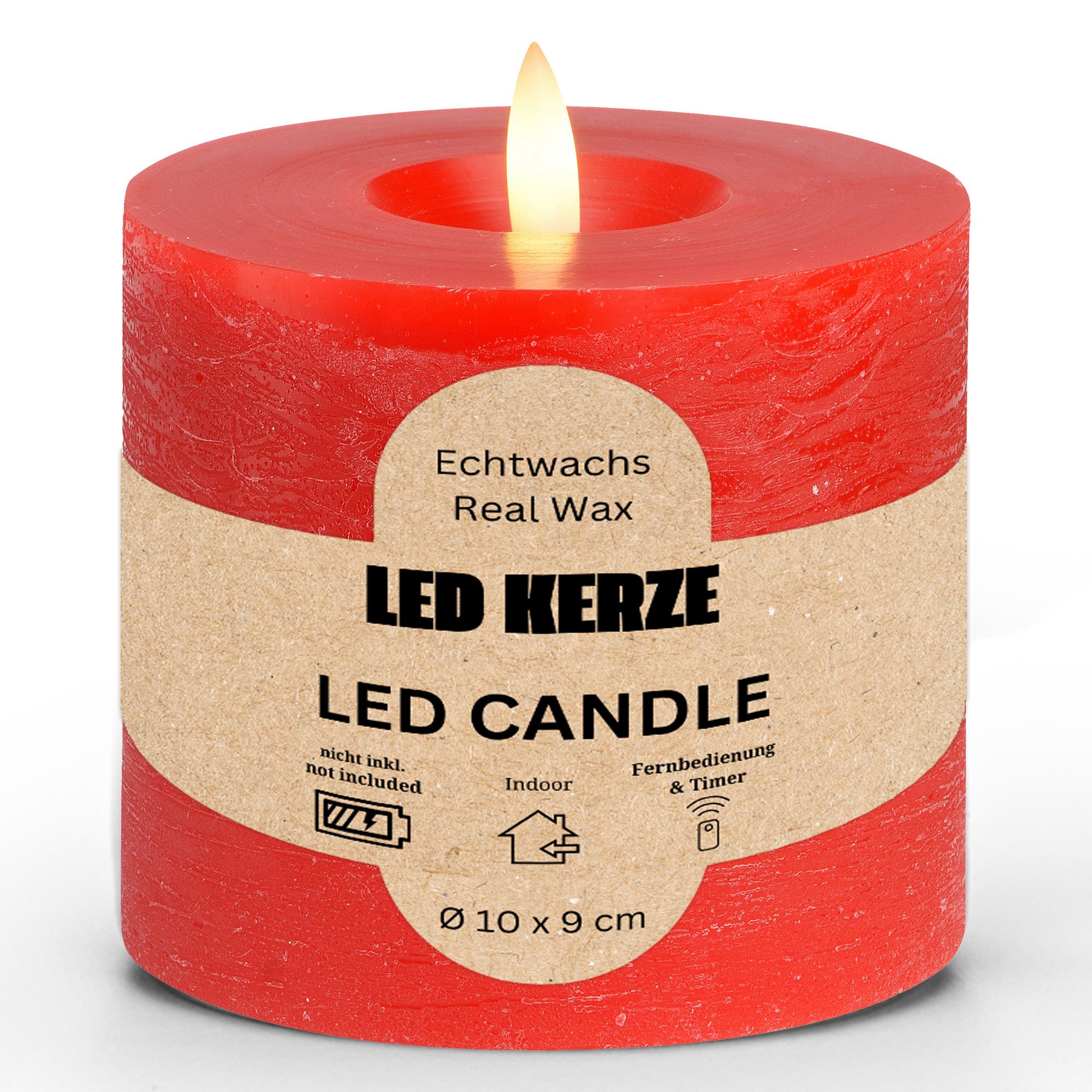 matches21 HOME & HOBBY LED-Kerze LED Stumpenkerze Wachs, Flackernde Flamme, Ø 10x9 cm, Rot (1-tlg), Praktisch mit Fernbedienung & Timerfunktion