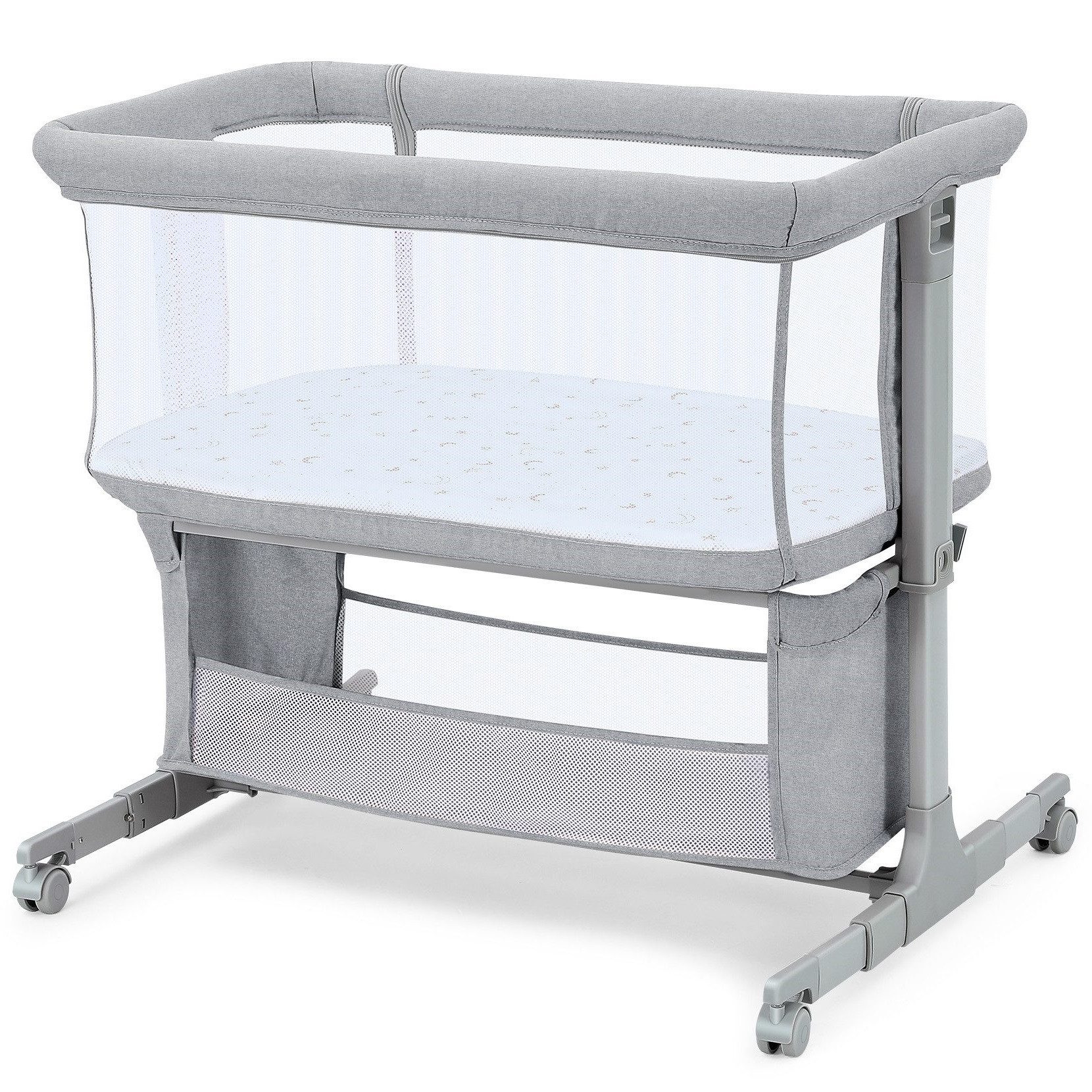 Beistellbett für Neugeborene mit Rädern, Aufbewahrungskorb, Matratze
