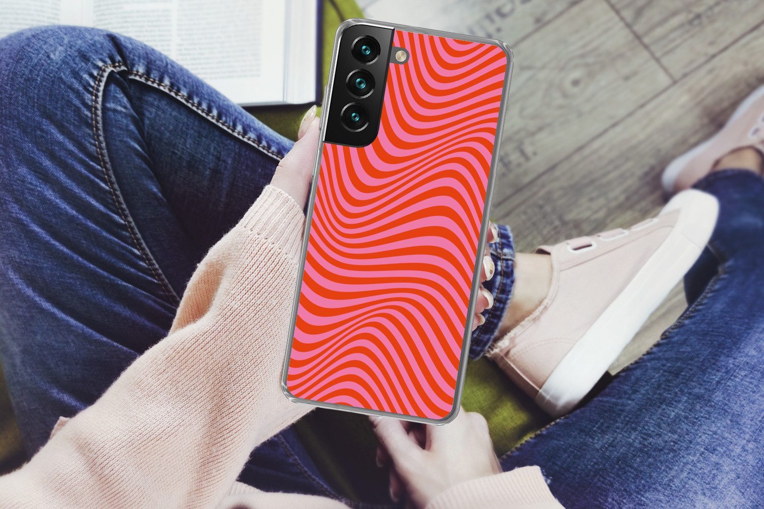 MuchoWow Handyhülle für Samsung Galaxy S22 Wellenförmiges Muster - Rot - Rosa - Linien, Phone Case, Silikon, Schutzhülle Dünn