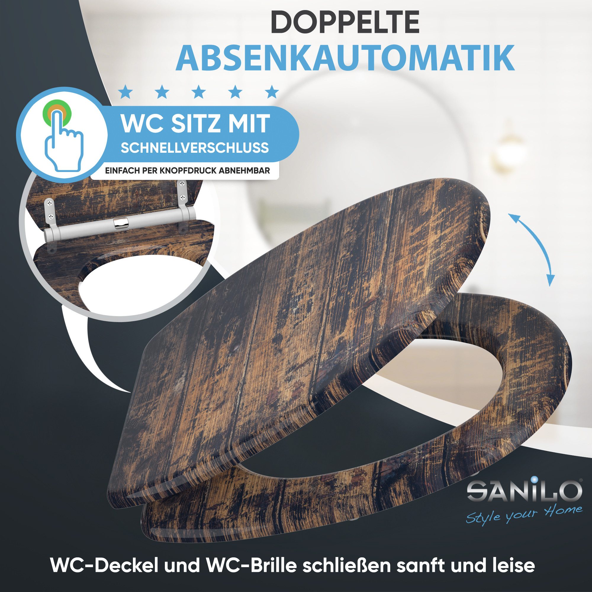 Sanilo WC-Sitz Vintage mit Absenkautomatik & Quick Release, Premium Toilettendeckel, abnehmbar, leichte Montage von oben